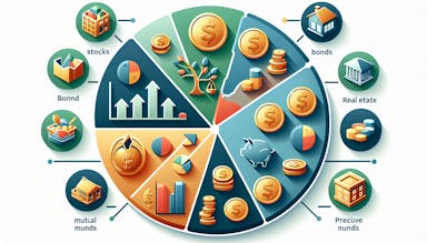 An abstract representation of a balanced and diversified portfolio with various investment icons and charts.